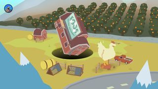 Donut County - a barn advertising eggs falls into a gint hole in the ground near an orchard