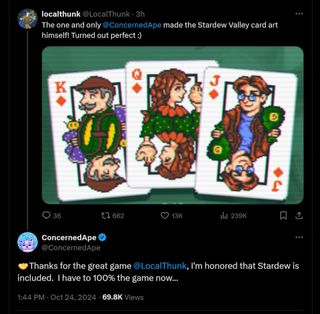 The one and only @ConcernedApe made the Stardew Valley card art himself! Turned out perfect :) 🤝Thanks for the great game @LocalThunk, I'm honored that Stardew is included. I have to 100% the game now...