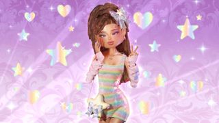 A character dressed in glittery clothes posing with a peace sign in Dress to Impress