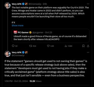 The last notable game on their platform was arguably Far Cry 6 in 2021. The Crew, Mirage and Avatar came in 2023 and didn’t perform, so you can assume subscriptions were at a lull when PoP released by 2024. Which means people wouldn’t be launching their store all too much. If the statement “gamers should get used to not owning their games” is true because of a specific release strategy (sub above sales), then the statement “developers must get used to not having jobs if they make a critically acclaimed game” (platform strategy above title sales) is also true, and that just isn’t sensible — even from a business perspective.