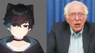 A black-haired anime catboy avatar next to Bernie Sanders sitting in front of blue background