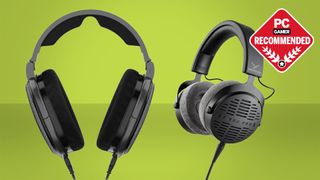 Sennheiser and Beyerdynamic headpones on a green two-tone background