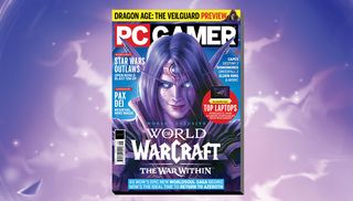 The cover of PC Gamer 399, showing an image of a World of Warcraft Dark Elf behind the words "World of Warcraft: The War Within".