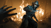 Ghost Face, a crossover costume, from Hunt: Showdown, stands awkwardly with a knife drawn among burning woodlands wearing a silly Halloween face mask.